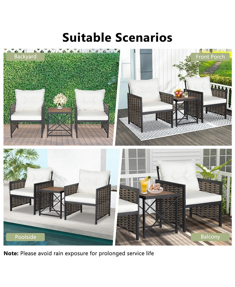 3 Pieces Patio Rattan Furniture Set with Acacia Wood Tabletop