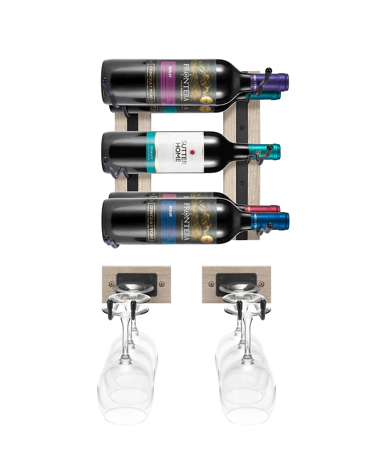 Sorbus Wire & Grey Wood Wine Rack and Glass Holder Wall Mounted for Bottles, Wine Glasses, for Home Bar (Holds 6 Bottles, 6 Glasses)