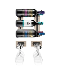 Sorbus Wire & Grey Wood Wine Rack and Glass Holder Wall Mounted for Bottles, Wine Glasses, for Home Bar (Holds 6 Bottles, 6 Glasses)