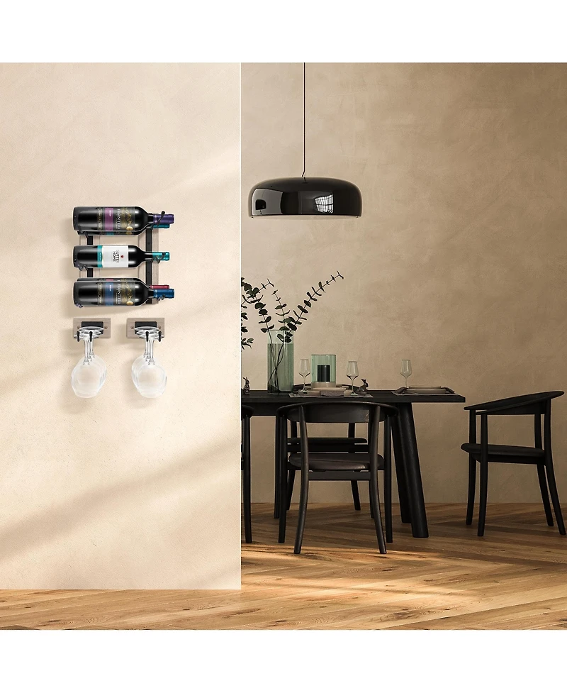 Sorbus Wire & Grey Wood Wine Rack and Glass Holder Wall Mounted for Bottles, Wine Glasses, for Home Bar (Holds 6 Bottles, 6 Glasses)