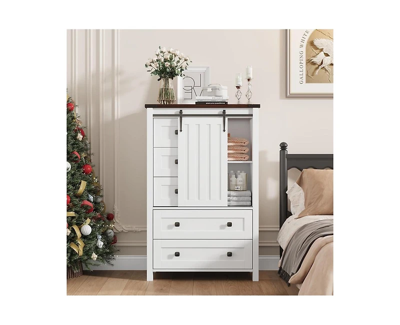 Dresser, 5 Drawers Dresser for Bedroom with Sliding Barn Door, Adjustable Shelf, Farmhouse Tall Chest of Drawer, Storage Organizer Dresser for Hallway