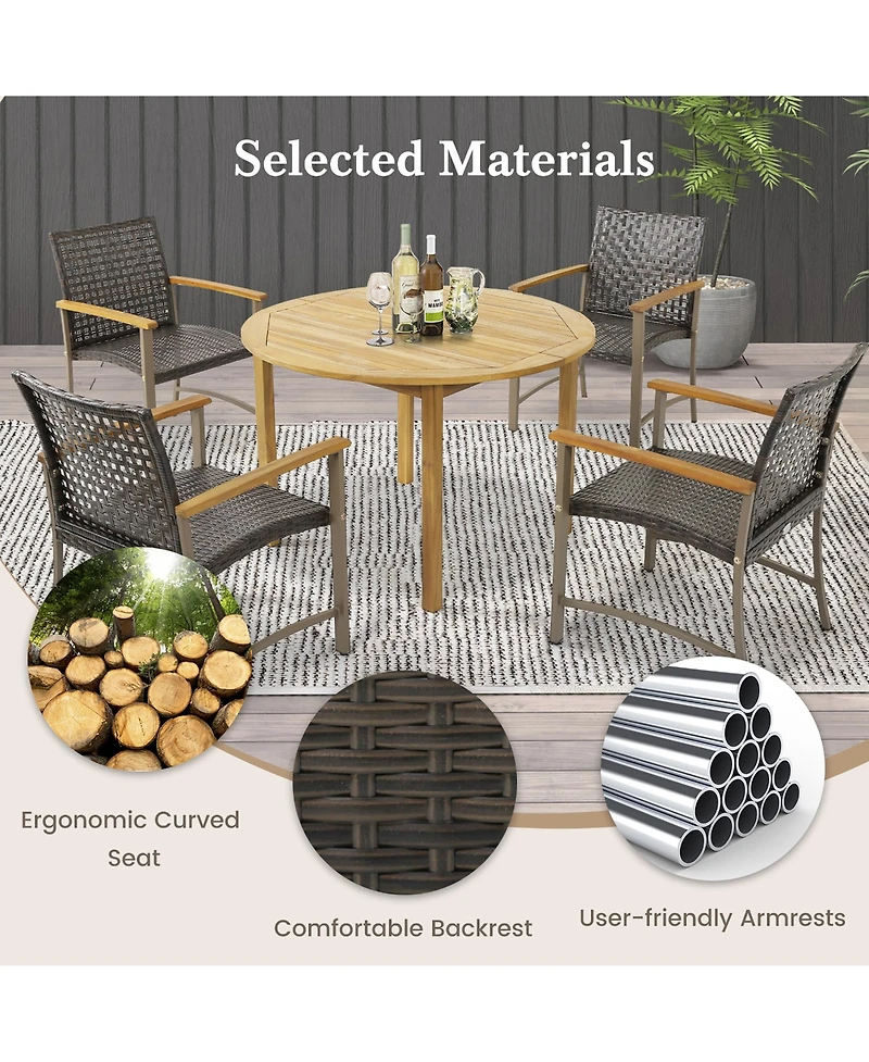 Gymax Outdoor Rattan Chair Set of 4 Patio Pe Wicker Dining Chairs w/ Acacia Wood Armrests Balcony Poolside