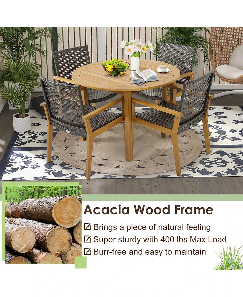 Gymax Outdoor Rattan Chair Set of 4 Patio Pe Wicker Dining Chairs w/ Sturdy Acacia Wood Frame