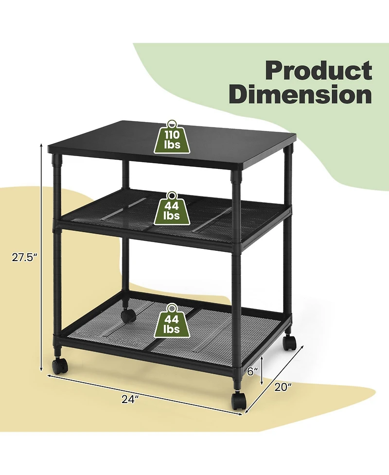 Gouun 3 Tier Printer Stand Rolling Fax Cart with Adjustable Shelf and Swivel Wheels