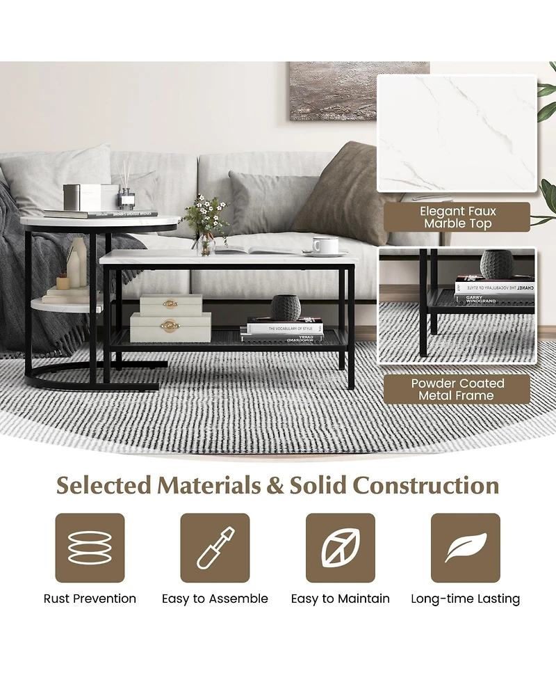 Gouun Set of 2 Nesting Table with Extra Storage Shelf for Living Room