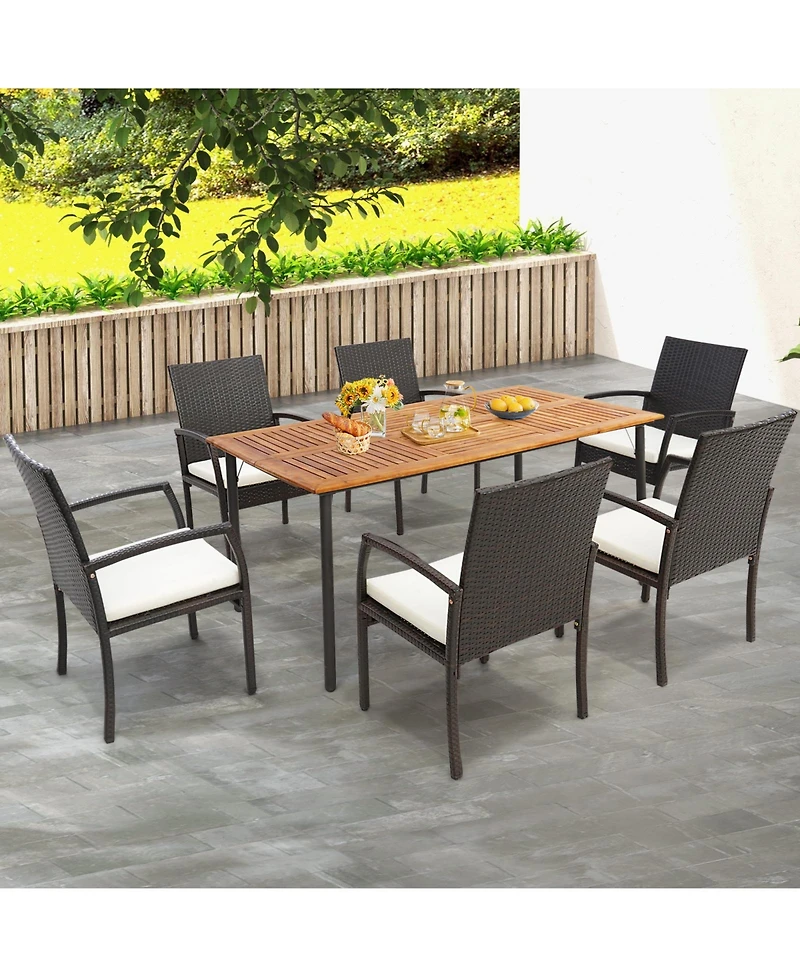 Gouun Patio Acacia Wood Dining Table with Umbrella Hole and Metal Legs