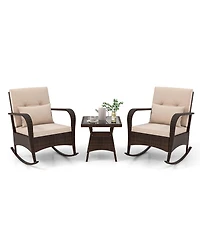 3 Piece Outdoor Rocking Set with Tempered Glass Table for Backyard Poolside