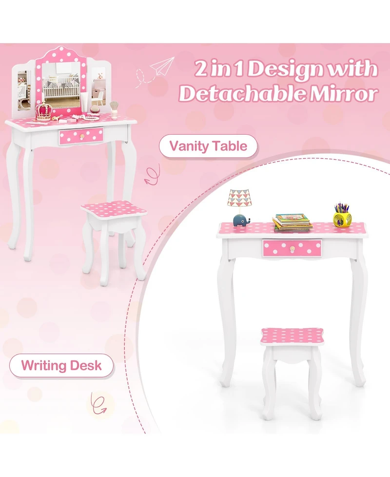 Gouun Princess Pretend Play Makeup Dressing Table with Cute Polka Dot Print