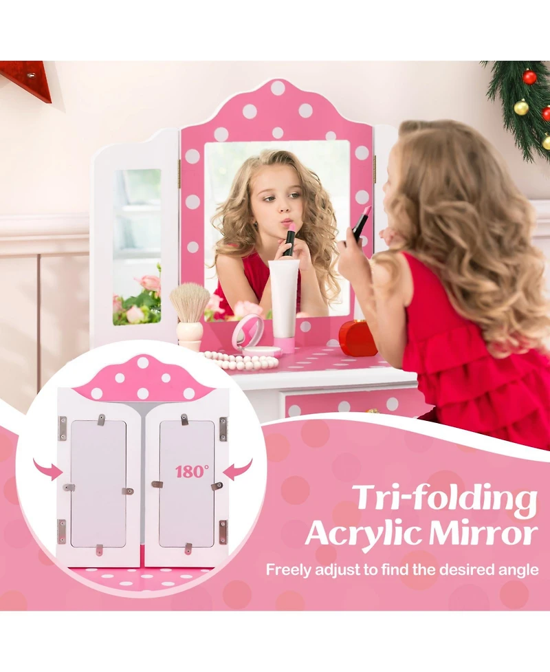 Gouun Princess Pretend Play Makeup Dressing Table with Cute Polka Dot Print