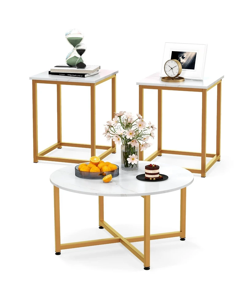 Gouun 3-Piece Table Set Round Table and 2PCS Square End Tables