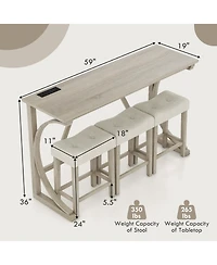 Gouun 4-Piece Bar Table Set with Power Outlet and Upholstered Saddle Seat Stools
