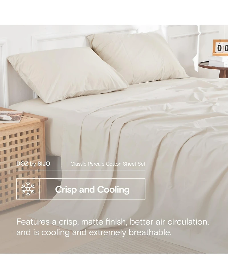 Doz by Sijo 100% Long Staple Cotton Sheet Set, Classic Percale, Hotel Cool Crisp, Breathable, Durable