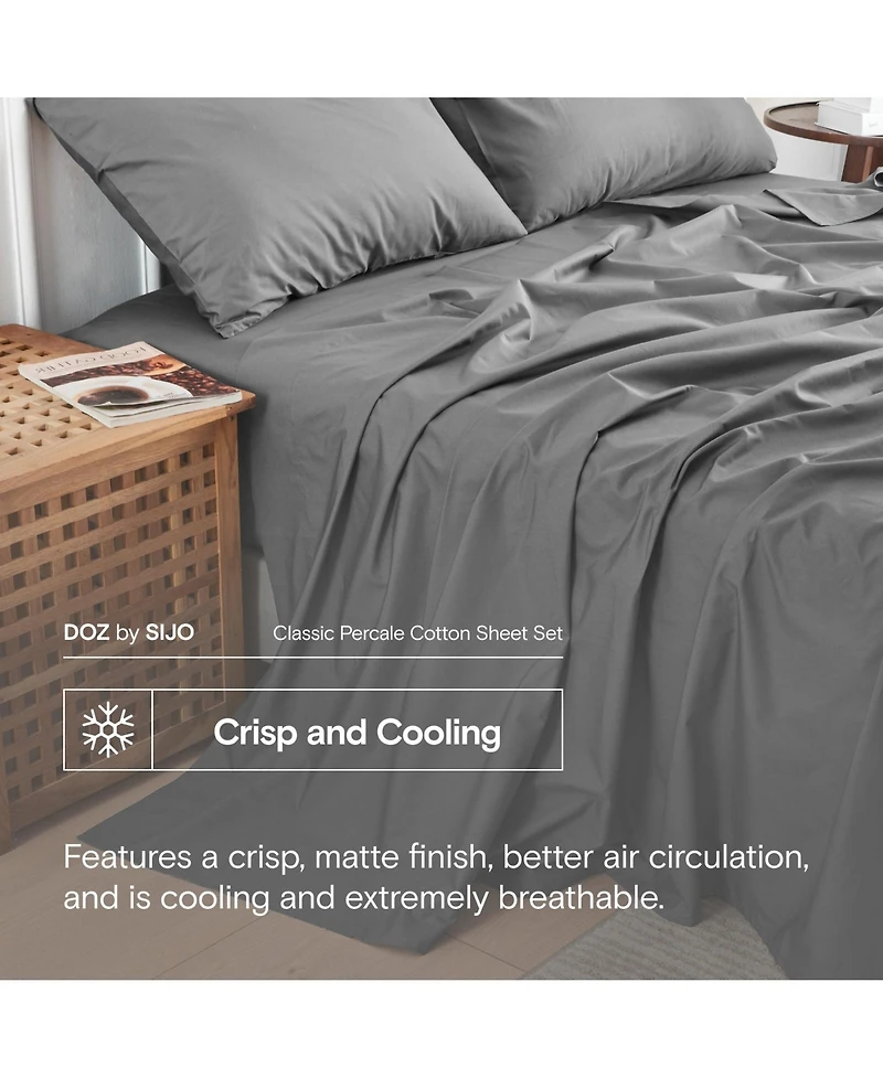 Doz by Sijo Doz 100% Long Staple Cotton Sheet Set, Classic Percale, Hotel Cool Crisp, Breathable, Durable