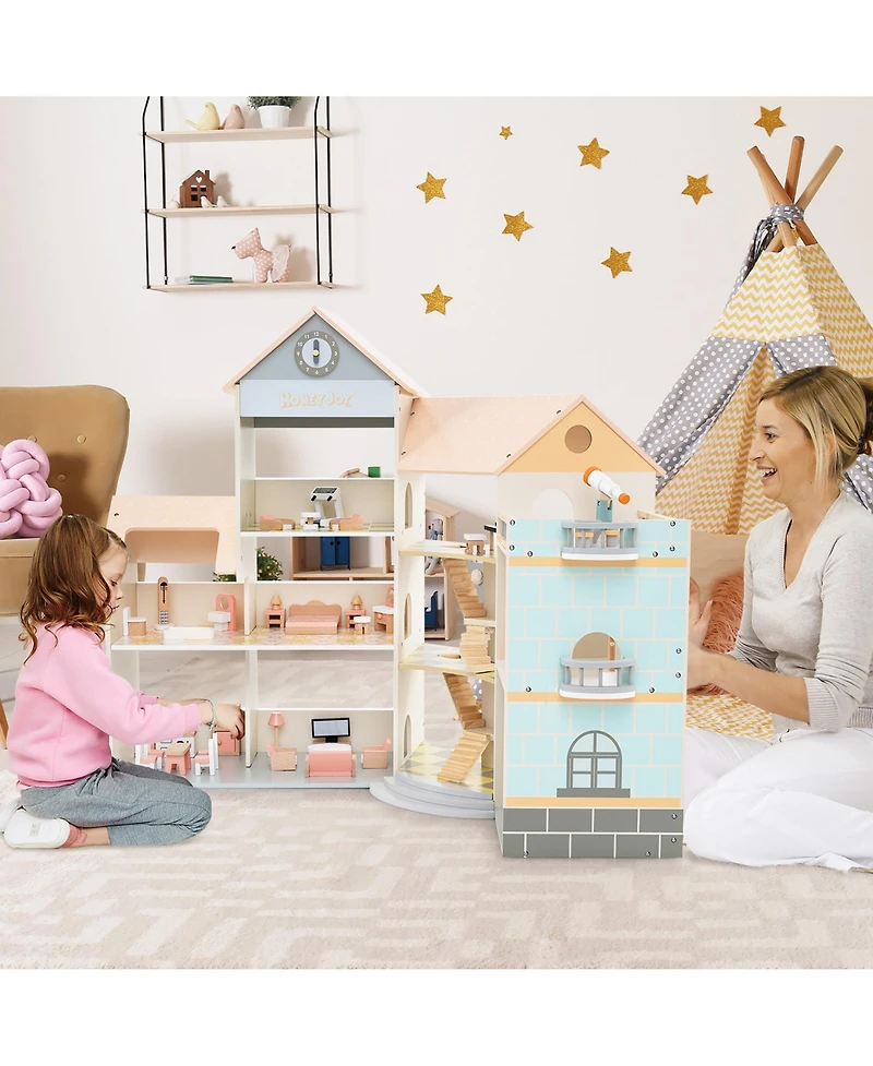 Gymax Wooden Corner Dollhouse Playset w/ 41 Pieces of Furniture and Accessories