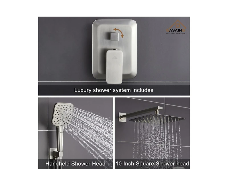 Casainc 10 Inch Wall Mounted Square Shower System Set with Handheld Spray