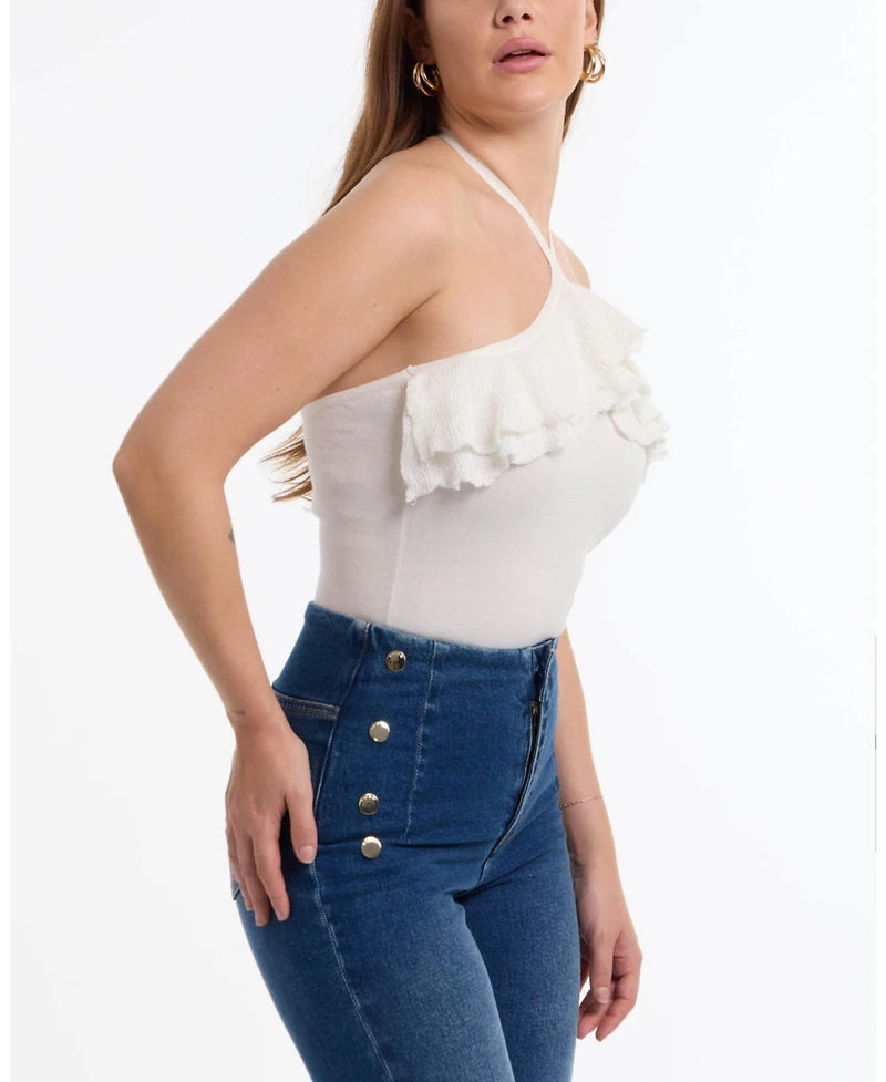 Bebe Women's Halter Lurex Sweater Ruffle Top