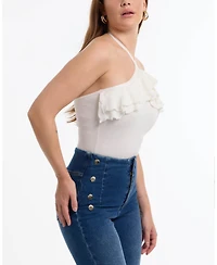 Bebe Women's Halter Lurex Sweater Ruffle Top