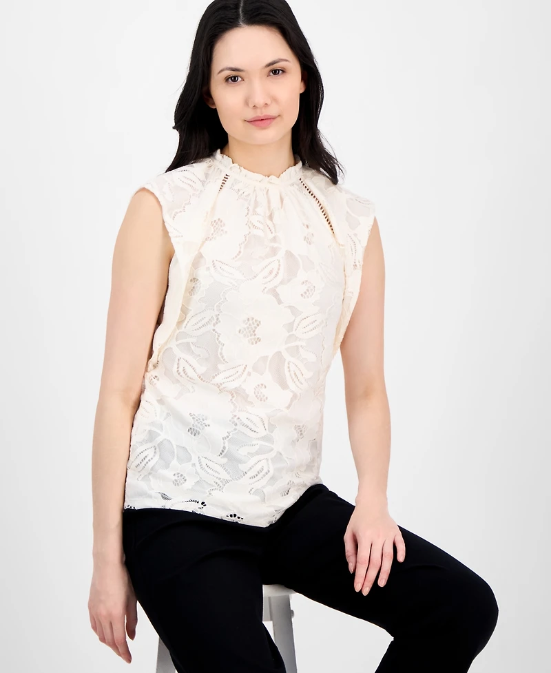 Anne Klein Women's Ruffled-Neck Sleeveless Lace Top