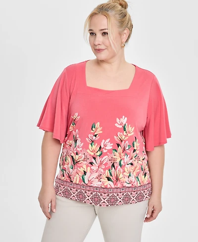 Jm Collection Plus Size Printed Square-Neck Short-Sleeve Top, Exclusively at Macy's