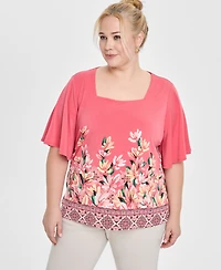 Jm Collection Plus Size Printed Square-Neck Short-Sleeve Top, Exclusively at Macy's