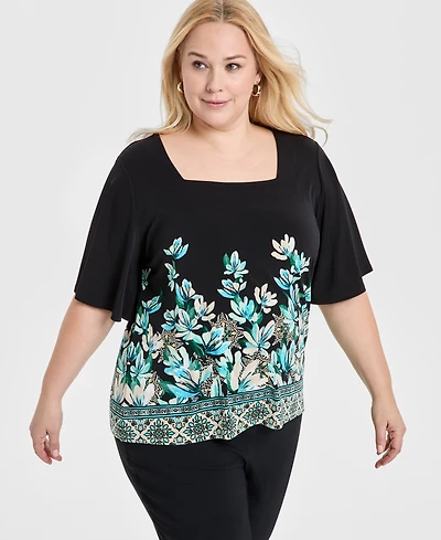 Jm Collection Plus Printed Square-Neck Short-Sleeve Top, Exclusively at Macy's