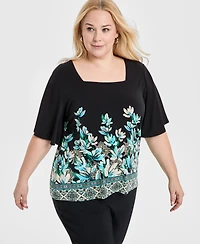Jm Collection Plus Printed Square-Neck Short-Sleeve Top, Exclusively at Macy's