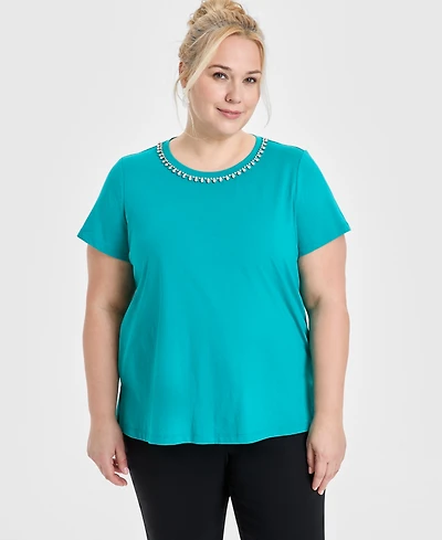 Jm Collection Plus Rhinestone-Trim T-Shirt, Exclusively at Macy's