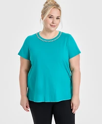 Jm Collection Plus Rhinestone-Trim T-Shirt, Exclusively at Macy's