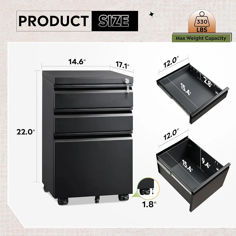 Wlive 3 Drawer Mobile File Cabinet with Lock Under Desk Metal Filing for Legal/Letter/A4 Fully Assembled Except Wheels