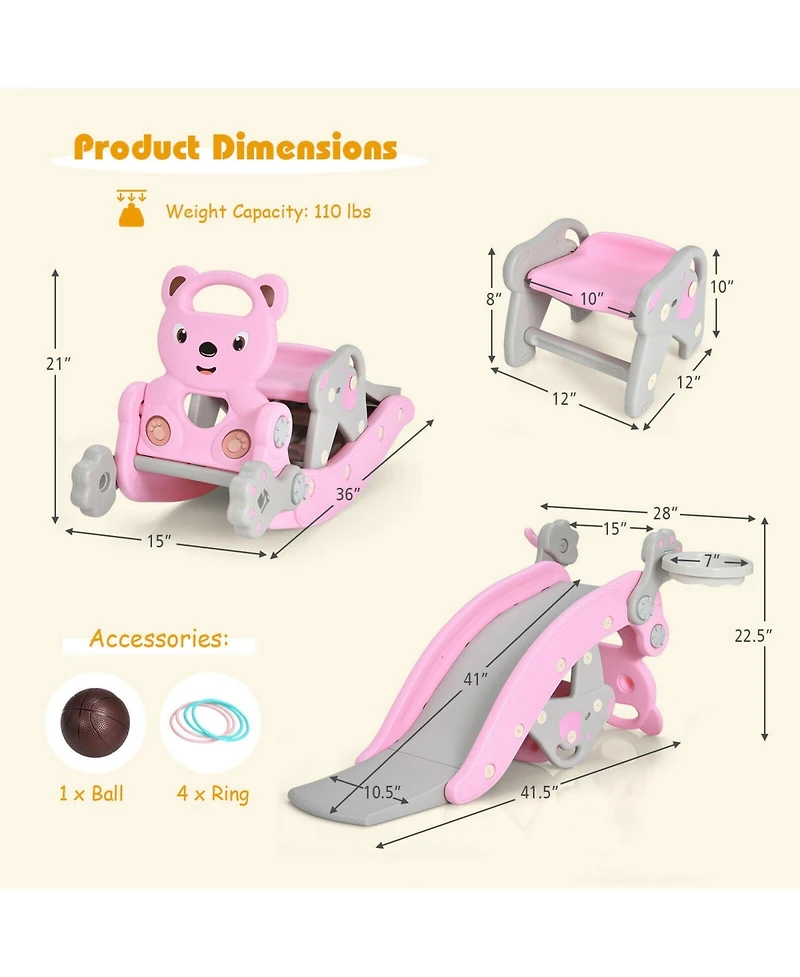 Gouun 4-in-1 Toddler Slide and Rocking Horse Playset with Basketball Hoop