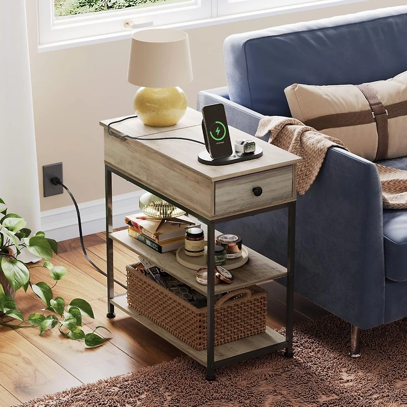 Wlive Narrow Side Table with 2 Usb Ports and 2 Outlets, Flip Top End Table with Drawer and Storage Shelves