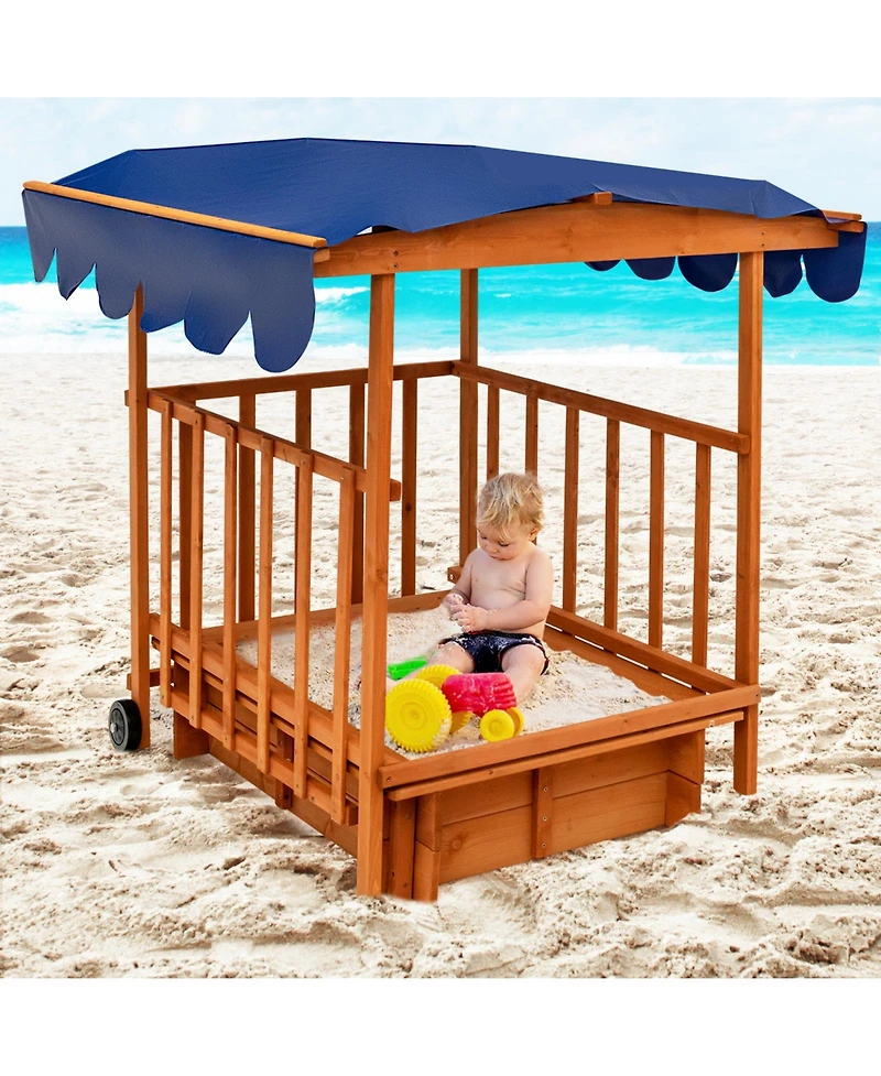 Gouun Kids Outdoor Wooden Retractable Sandbox with Cover and Built-in Wheels