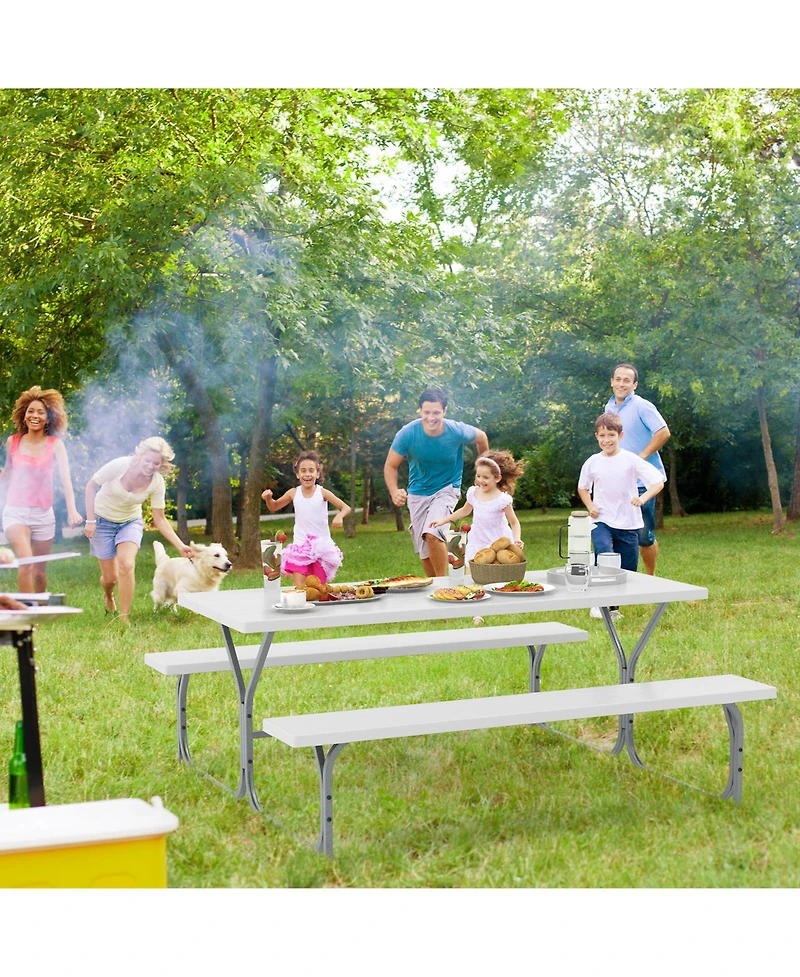 6 Ft Picnic Table Bench Set Dining Table and 2 Benches with Metal Frame and Hdpe Tabletop