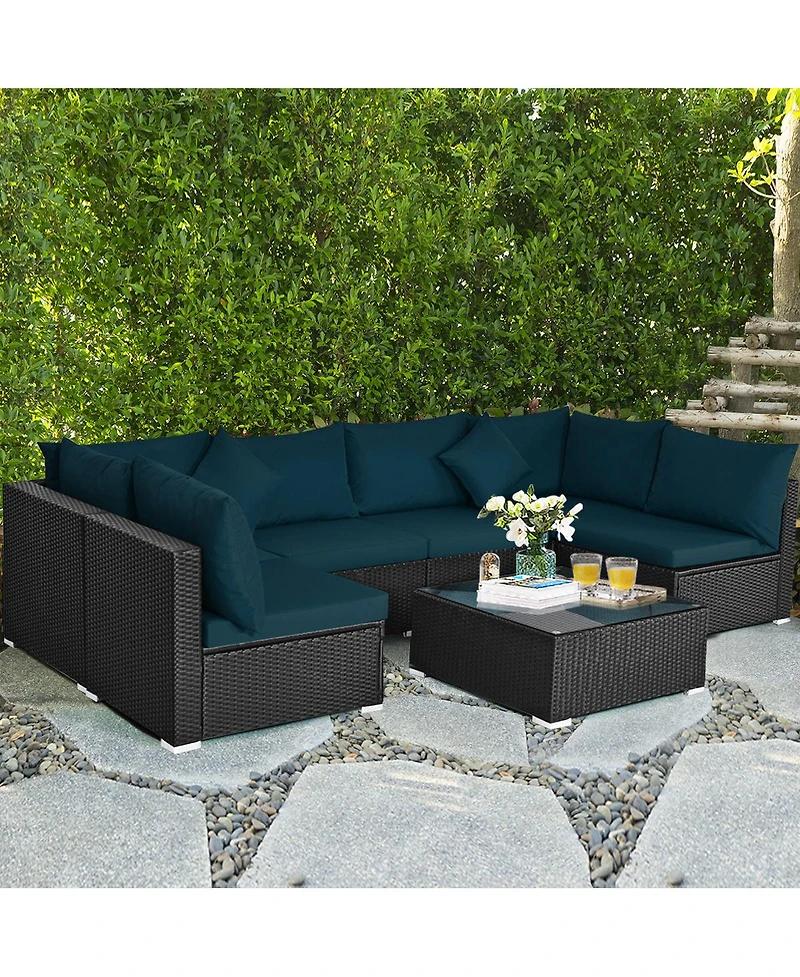7 Pieces Sectional Wicker Furniture Sofa Set with Tempered Glass Top-Peacock