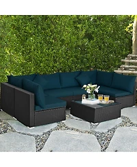 7 Pieces Sectional Wicker Furniture Sofa Set with Tempered Glass Top-Peacock