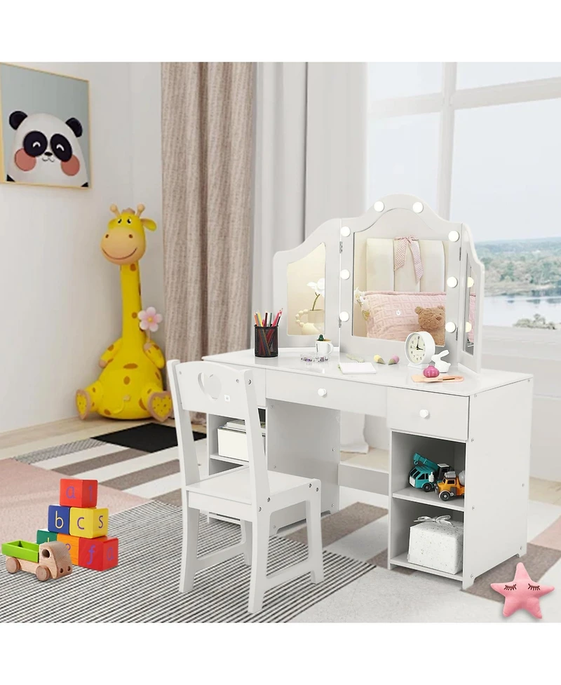 gaomon Kids Vanity Table, Princess Makeup Desk & Chair Set Withtouch Light Detachable Tri-Folding Mirror