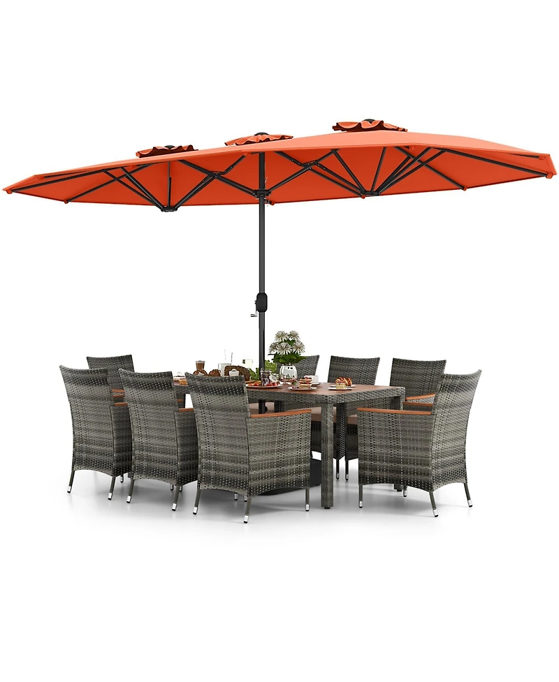 10 Pieces Patio Wicker Dining Set with 15 Feet Double-Sided Umbrella