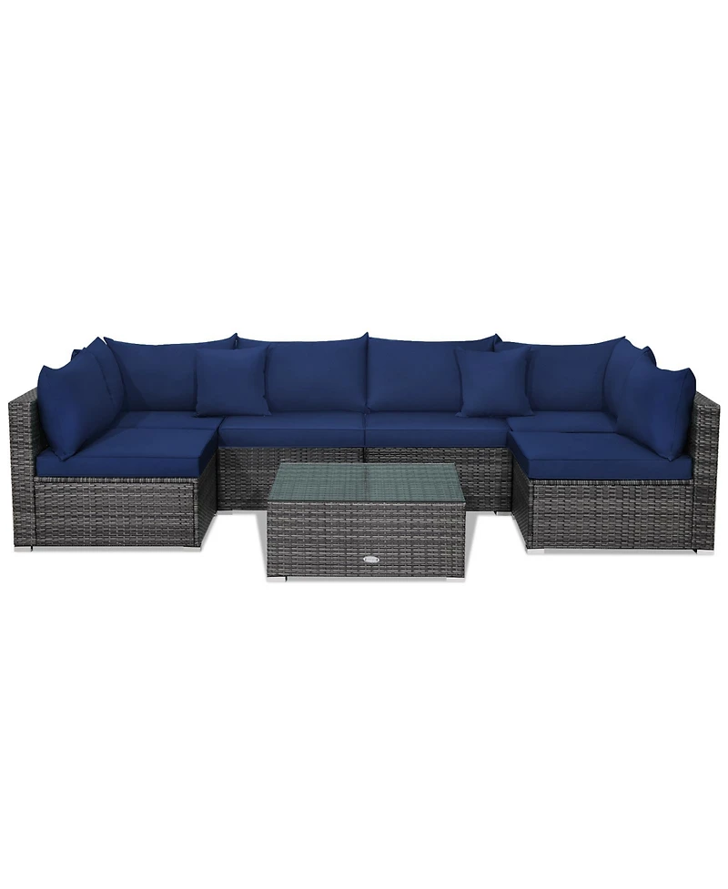 7 Pieces Patio Rattan Furniture Set Sectional Sofa Garden Cushion