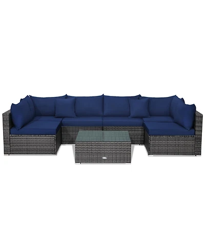 7 Pieces Patio Rattan Furniture Set Sectional Sofa Garden Cushion
