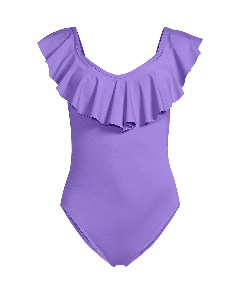 Lands' End Women's Ruffle V-neck High Leg One Piece Swimsuit