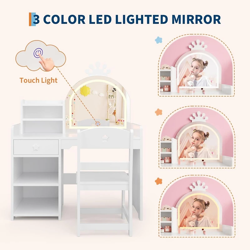 gaomon Kids Vanity Set, 2-in-1 Princess Makeup Table with Tri-Folding Mirror & Drawer, Stool, Toddler Vanity, Pretend Play Vanity Set for Kids