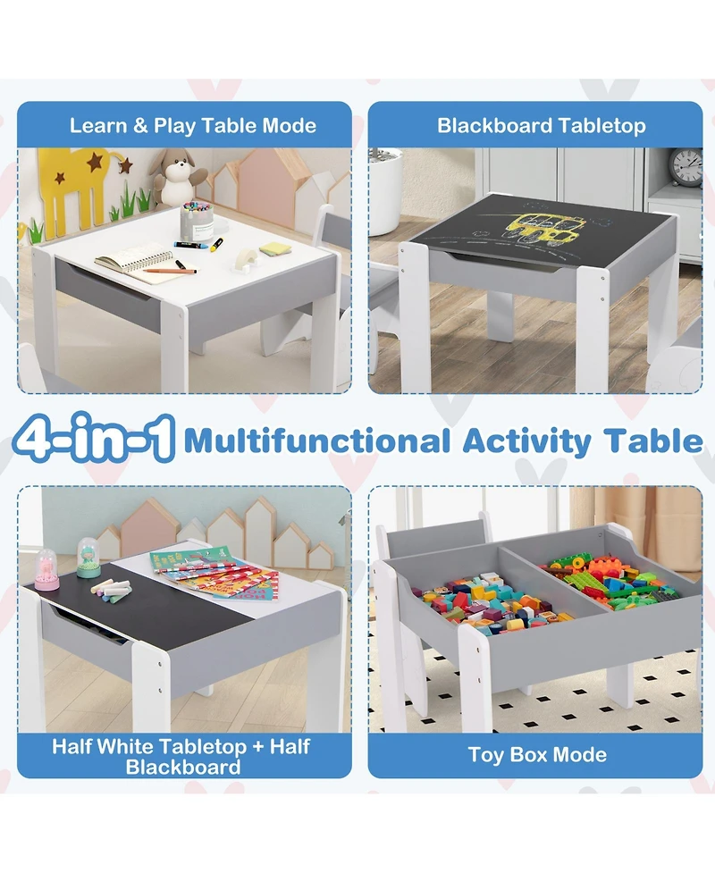 Gouun 4-in-1 Wooden Activity Kids Table and Chairs with Storage Detachable Blackboard