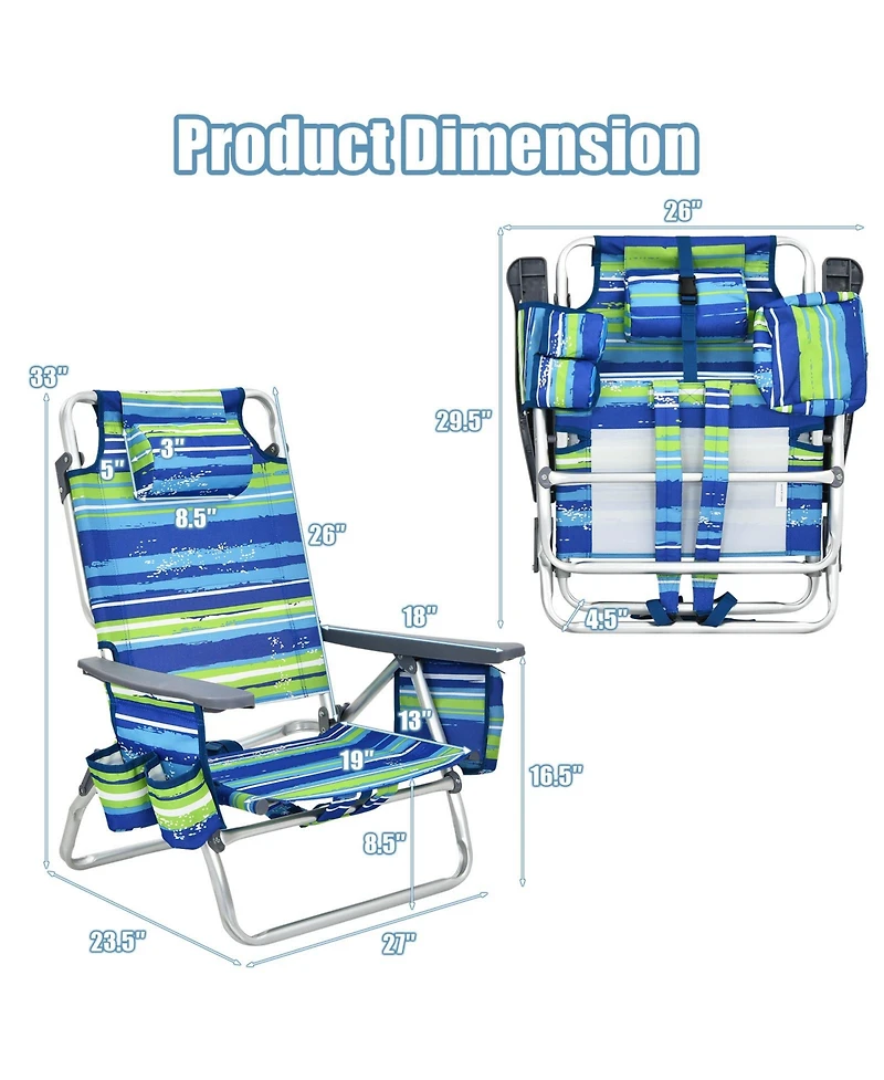 Gouun 4-Pack 5-Position Outdoor Folding Backpack Beach Reclining Chair with Pillow