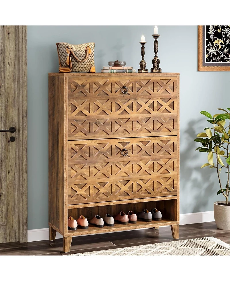 Tribesigns Shoe Cabinet with 2 Flip Drawers, Narrow Shoe Storage Organizer for Entryway, Wood Shoe Rack Cabinet with Wooden Legs Adjustable Shelves