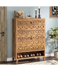 Tribesigns Shoe Cabinet with 2 Flip Drawers, Narrow Shoe Storage Organizer for Entryway, Wood Shoe Rack Cabinet with Wooden Legs Adjustable Shelves