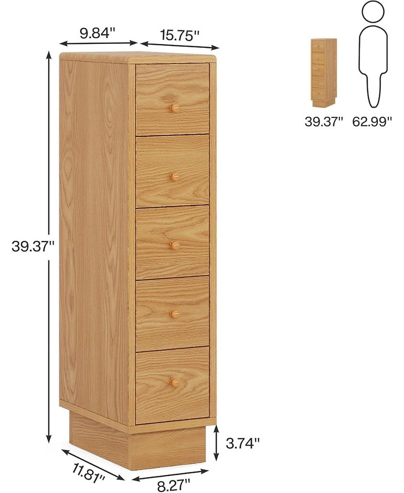 Tribesigns 5-Drawer Narrow Dresser Set of 2, Skinny Dresser Chest of Drawers, Slim Storage Drawers Organizer for Small Spaces, Bathroom, Closet, Oak