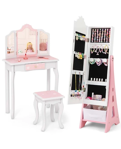Costway Kids Vanity Set Princess Makeup Dressing Table & Chair with Jewelry Armoire