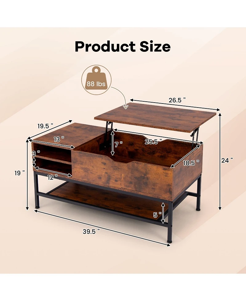 Gouun Lift Top Table with Hidden Compartment and Removable Storage Shelf