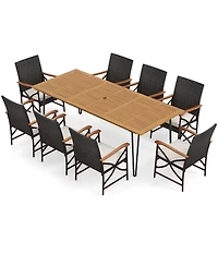 Wicker Patio Furniture Set of 8 Armchairs with Soft Cushions and Acacia Wood Square Table