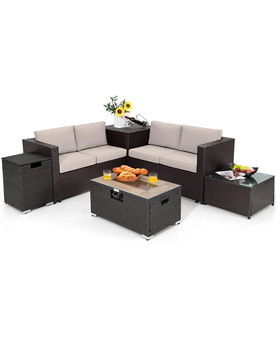 Gouun 6 Pieces Outdoor Wicker Furniture Set with 32 Inch Propane Fire Pit Table